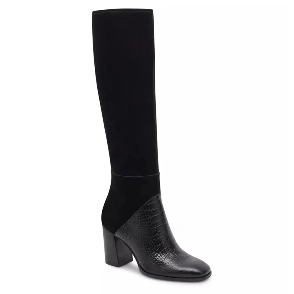 Dolce‎ Vita Fynn Black Suede Crocodile Embossed Leather Heeled Tall Boot Size 6